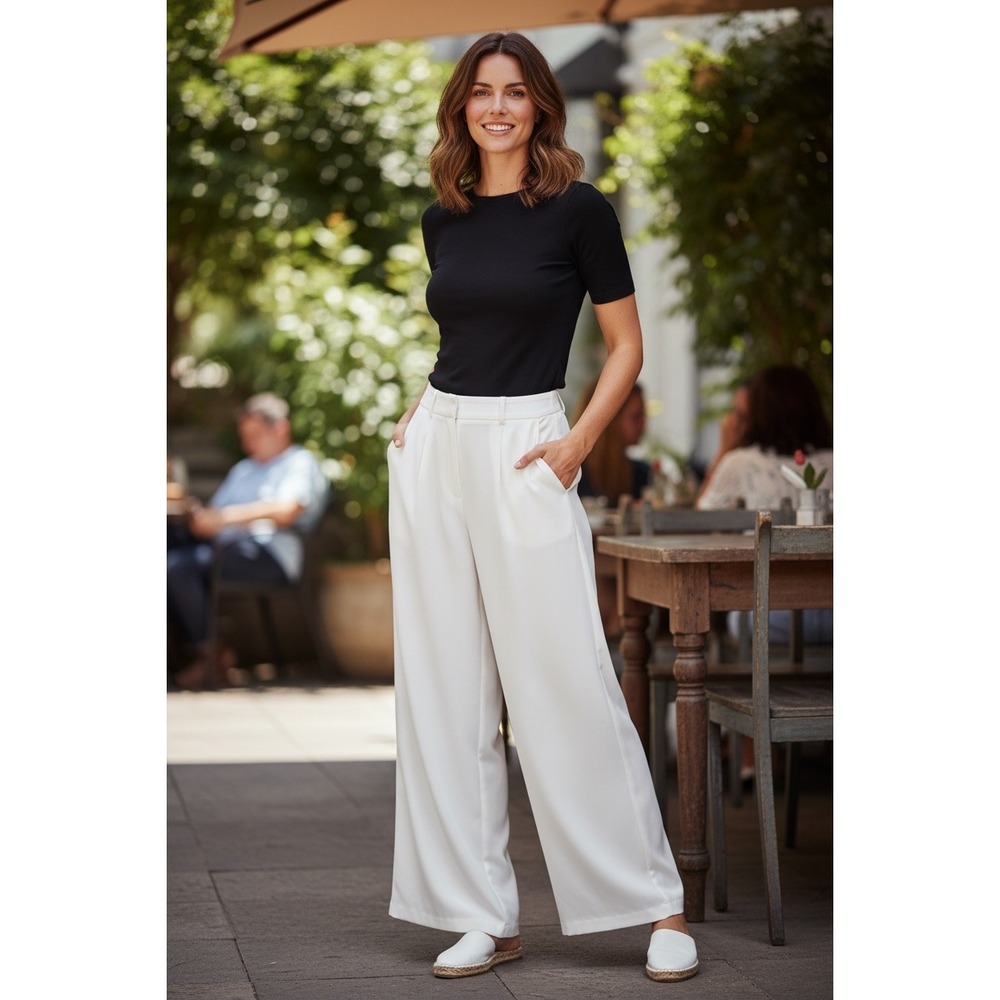 Womens High Waisted Wide Leg Pleated Trousers Off White Cream Dress Pants